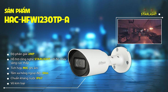 Camera hdcvi starlight 2mp dahua hac hfw1230tp a co san mic